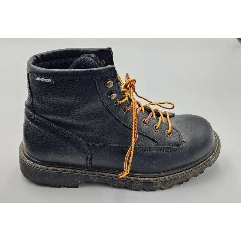 Wolverine Black Leather Work Boots with Orange Laces